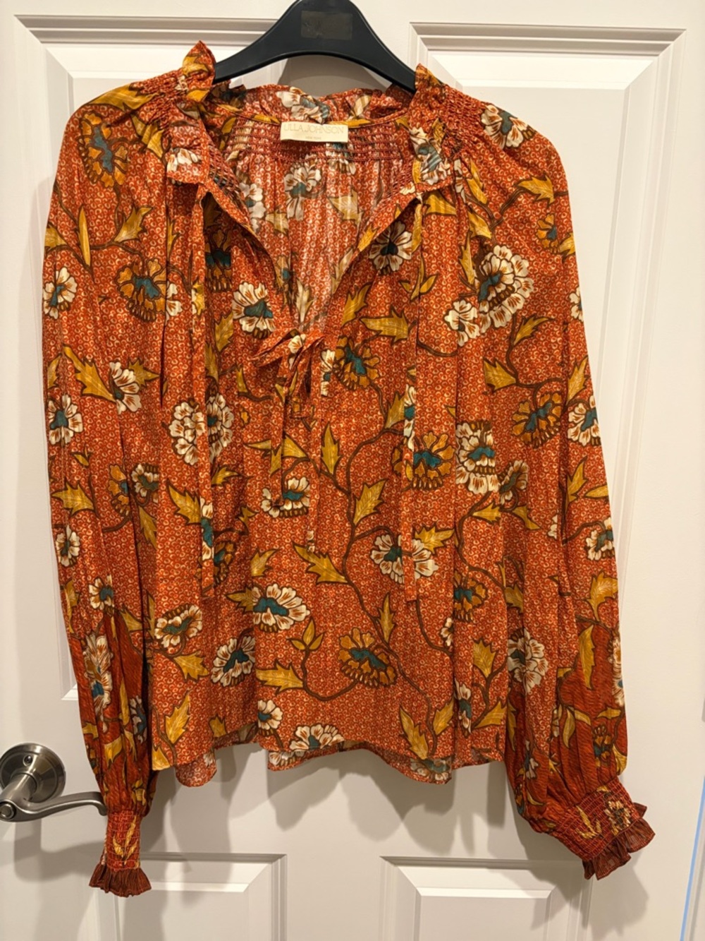 Ulla Johnson Rust Floral Ruffle-Neck Long-Sleeve Blouse